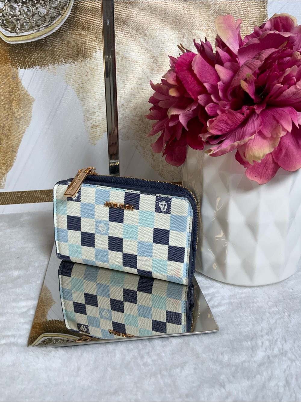 Anne Klein Navy & Light Blue Check Zip Wallet